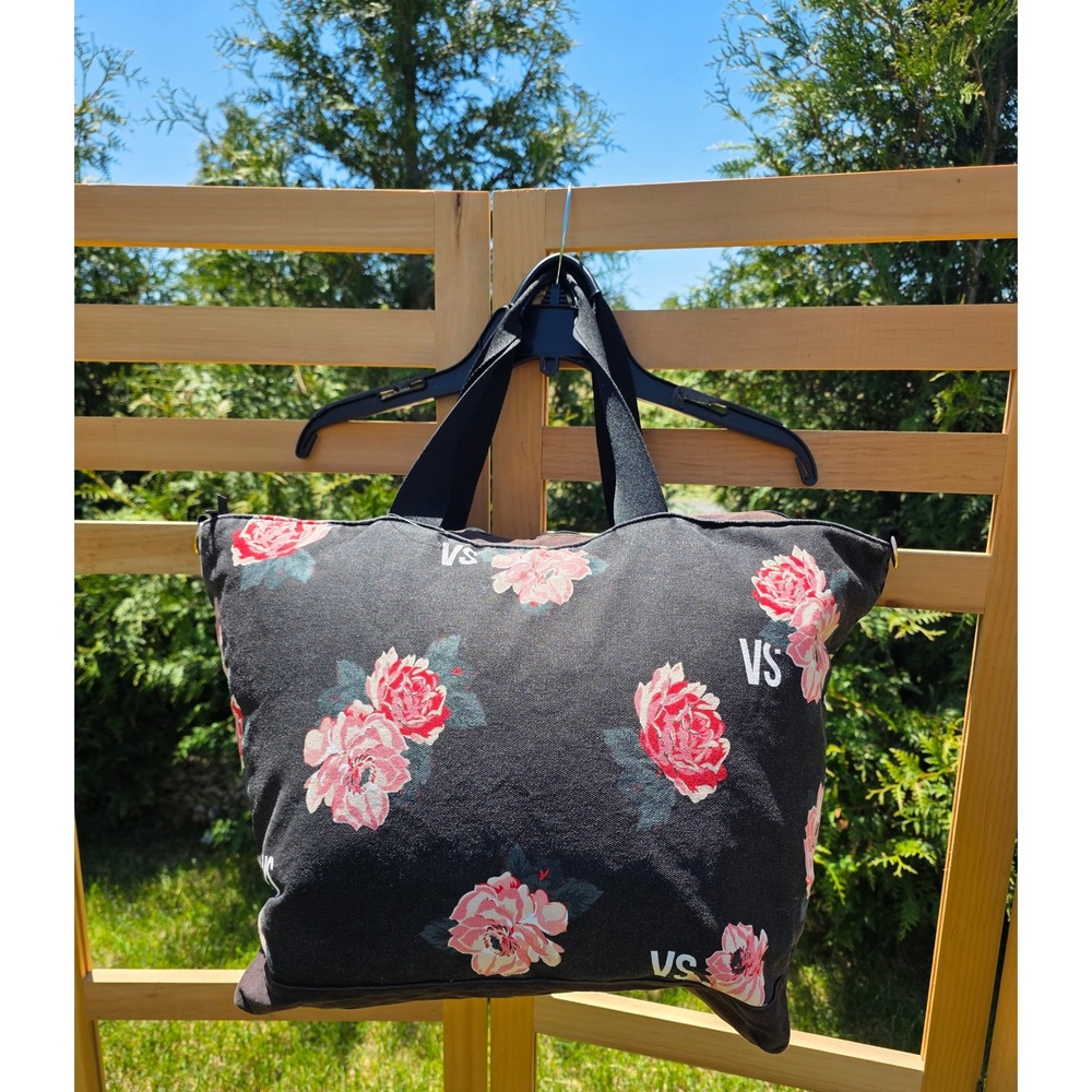 Victoria's Secret VS Black Canvas Pink Rose Floral Large Zipper Tote Bag 22x14